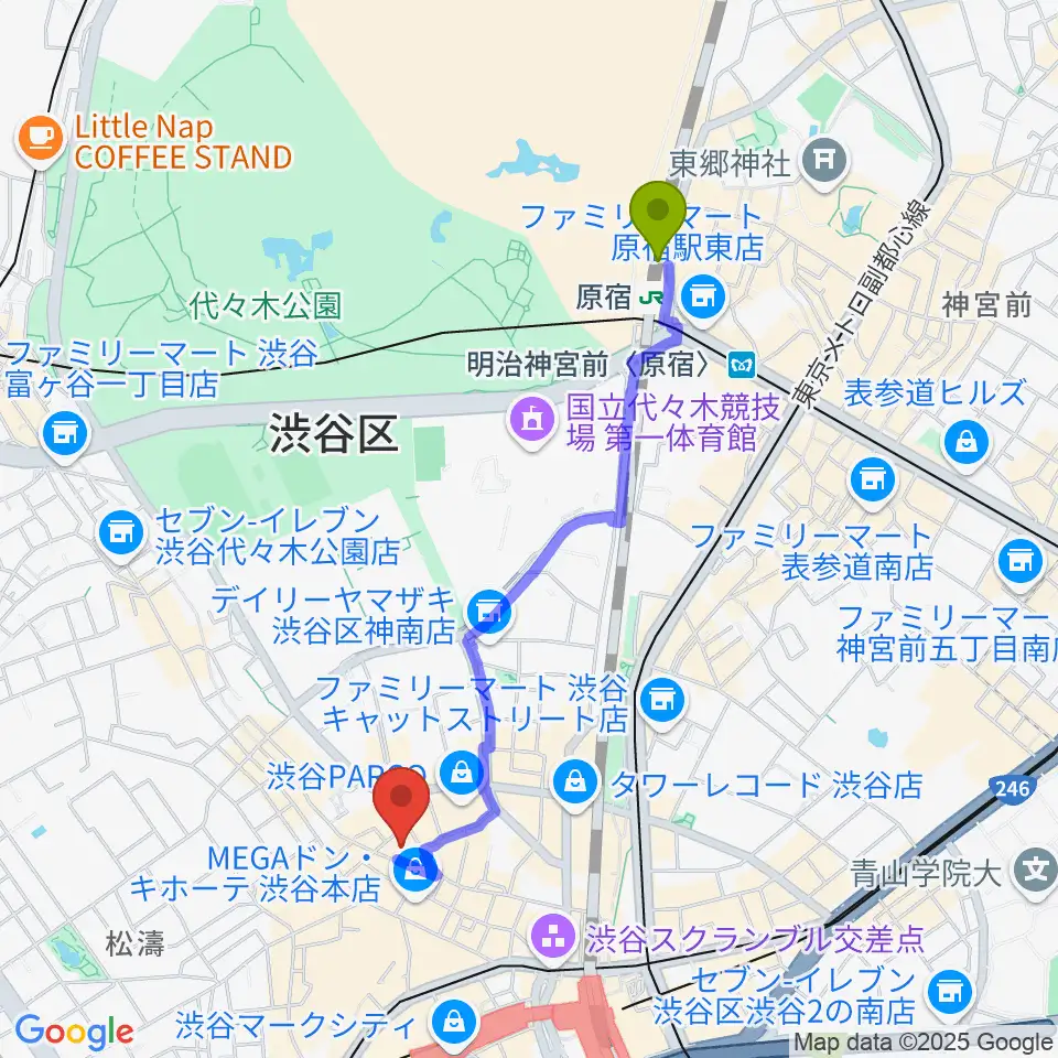 原宿駅から渋谷ヨシモト∞ドームへのルートマップ地図