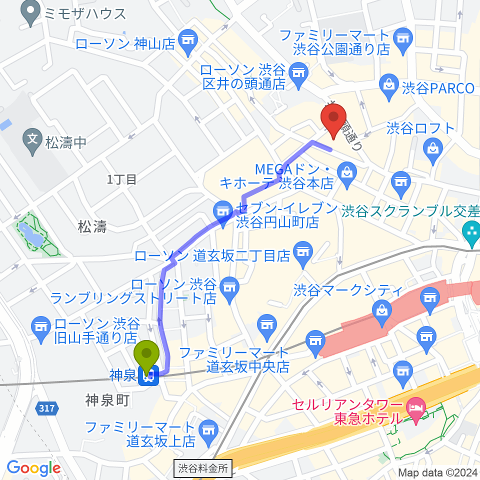 神泉駅から渋谷ヨシモト∞ドームへのルートマップ地図