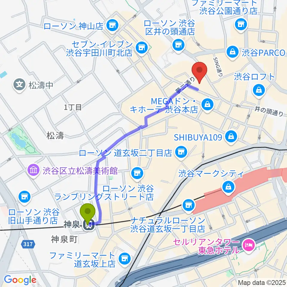 神泉駅から渋谷ヨシモト∞ドームへのルートマップ地図