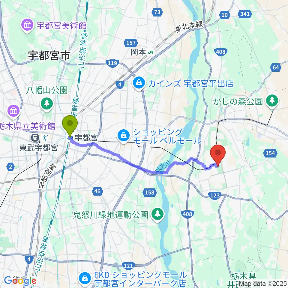 宇都宮駅から宇都宮市清原体育館へのルートマップ地図