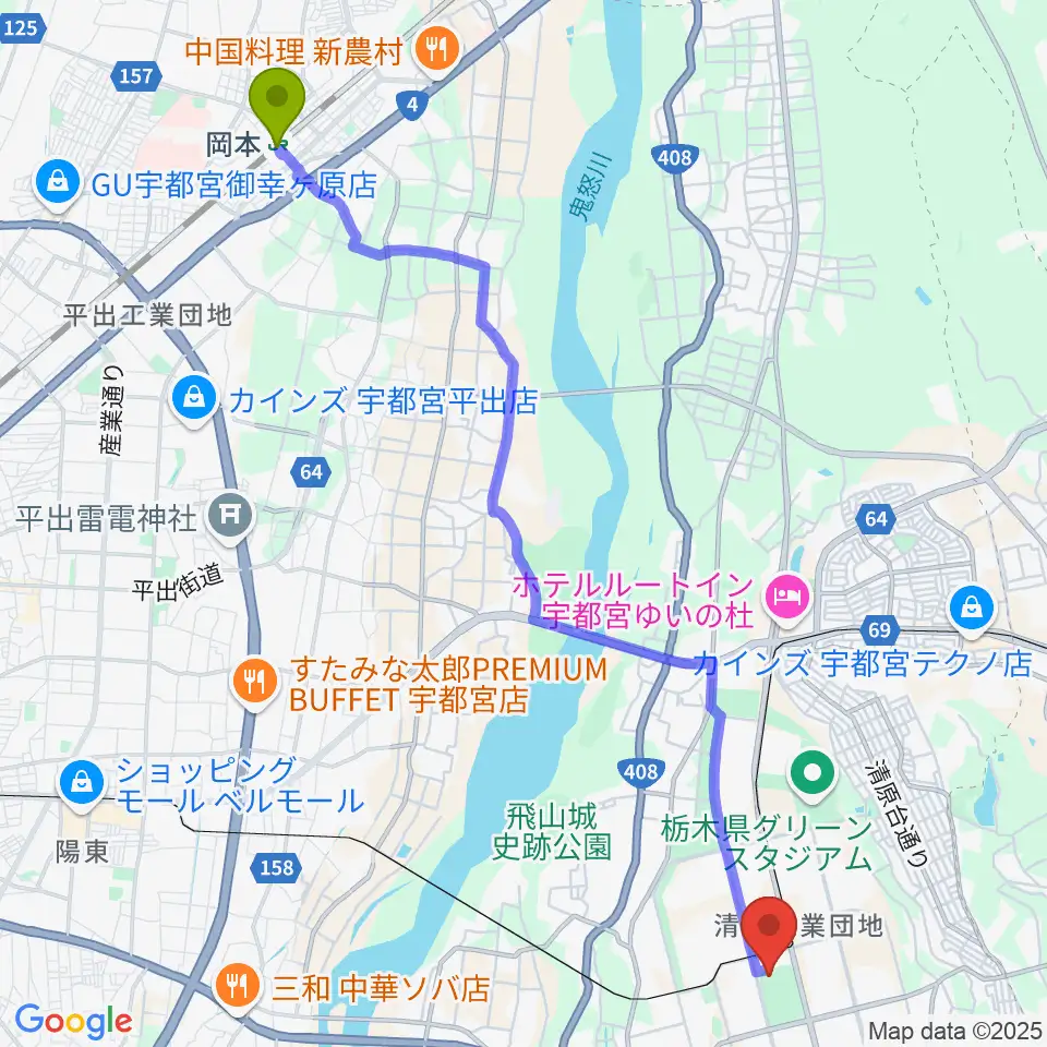 岡本駅から宇都宮市清原体育館へのルートマップ地図