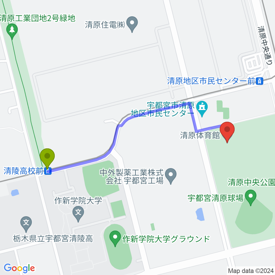 清陵高校前駅から宇都宮市清原体育館へのルートマップ地図