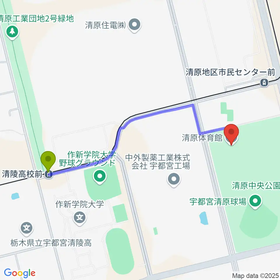 清陵高校前駅から宇都宮市清原体育館へのルートマップ地図