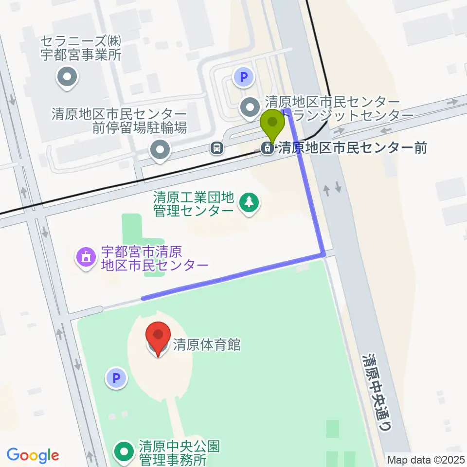 宇都宮市清原体育館の最寄駅清原地区市民センター前駅からの徒歩ルート（約4分）地図