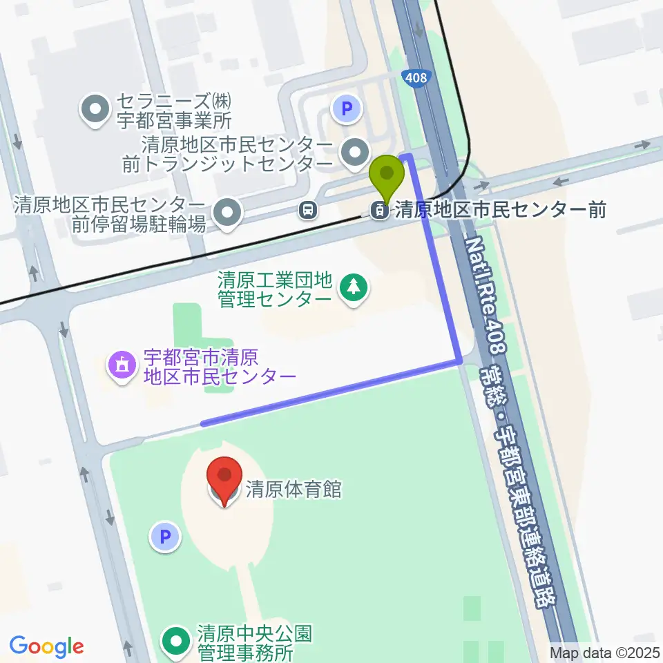 宇都宮市清原体育館の最寄駅清原地区市民センター前駅からの徒歩ルート（約4分）地図