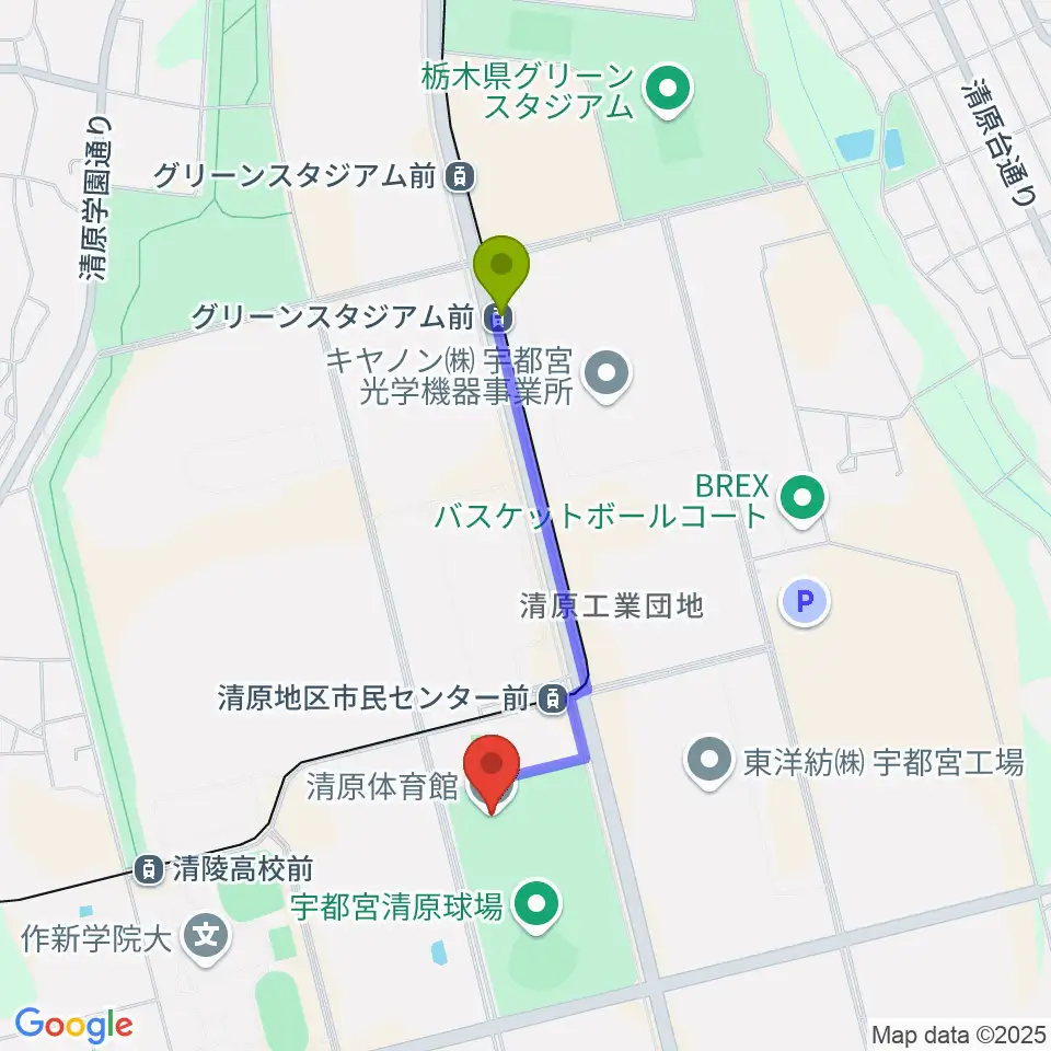 グリーンスタジアム前駅から宇都宮市清原体育館へのルートマップ地図