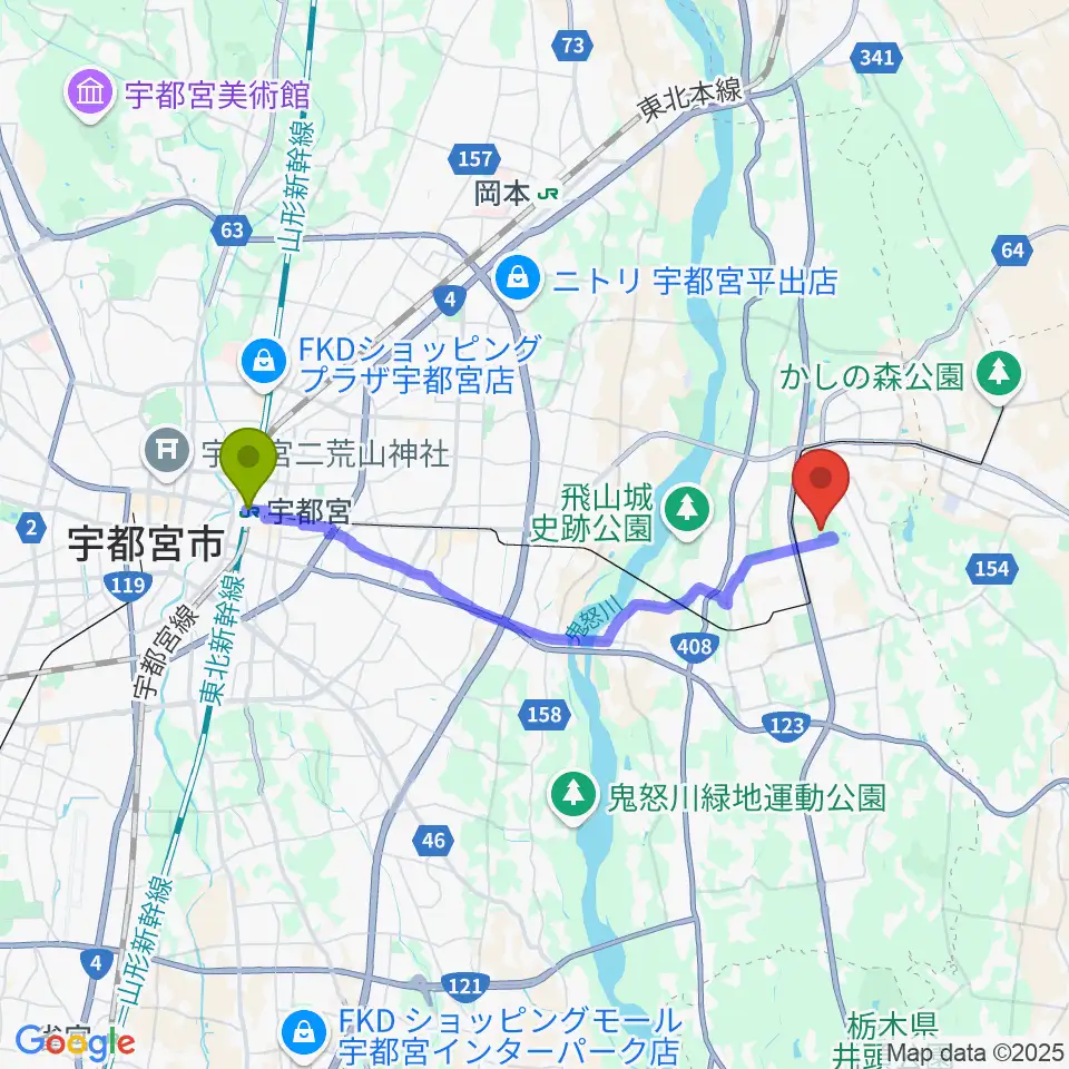 宇都宮駅から栃木県グリーンスタジアムへのルートマップ地図