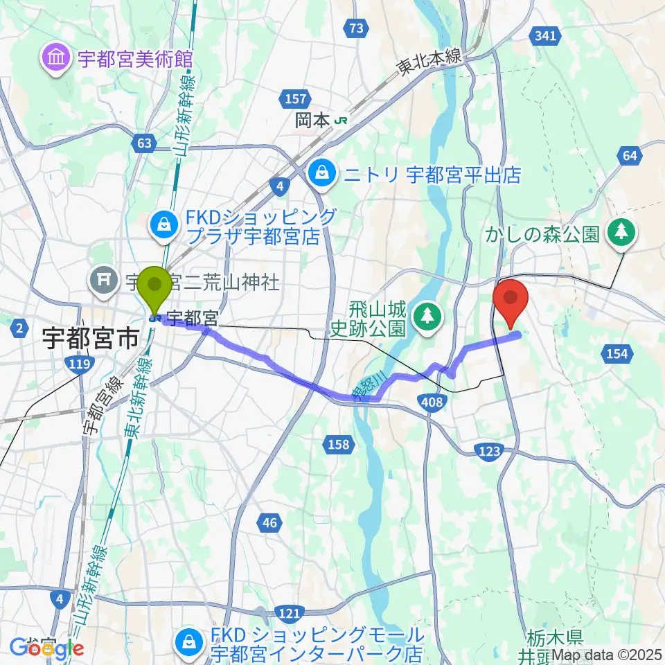宇都宮駅からホンダヒート・グリーンスタジアムへのルートマップ地図