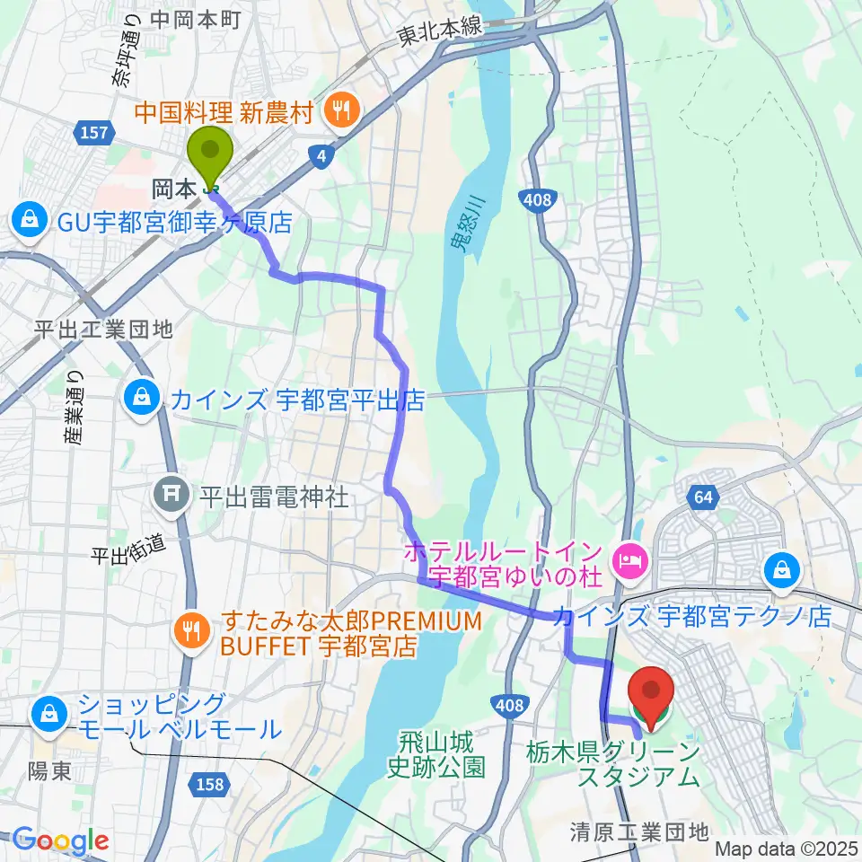 岡本駅から栃木県グリーンスタジアムへのルートマップ地図