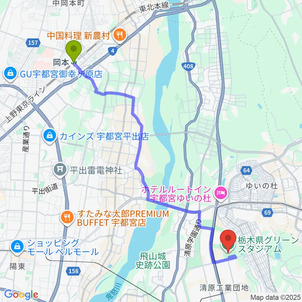 岡本駅から栃木県グリーンスタジアムへのルートマップ地図