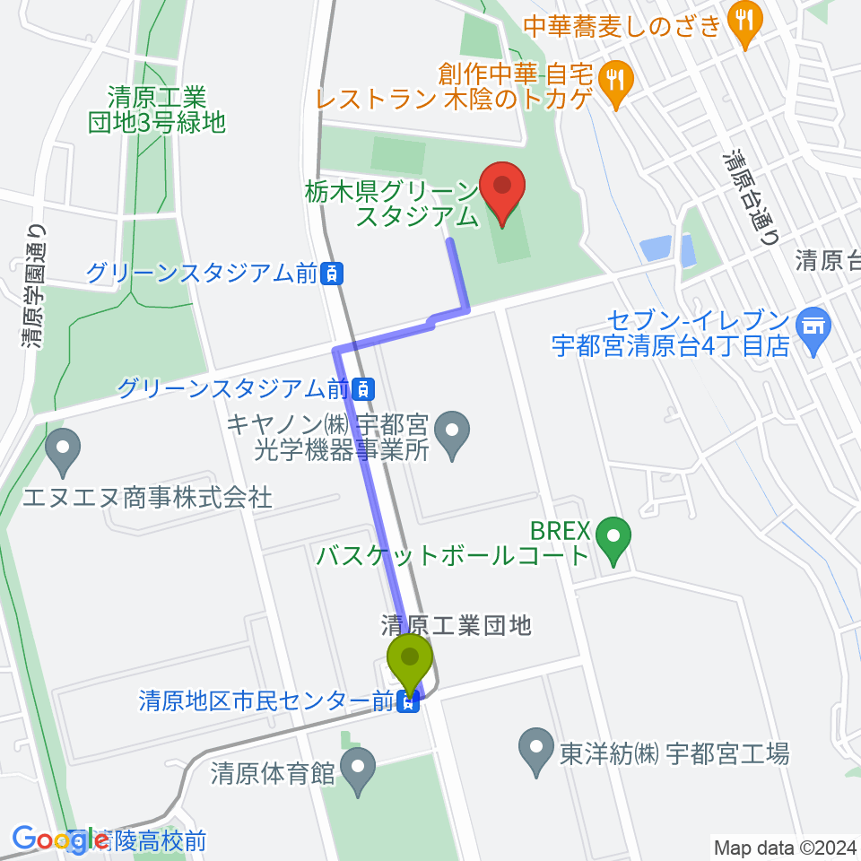 清原地区市民センター前駅から栃木県グリーンスタジアムへのルートマップ地図