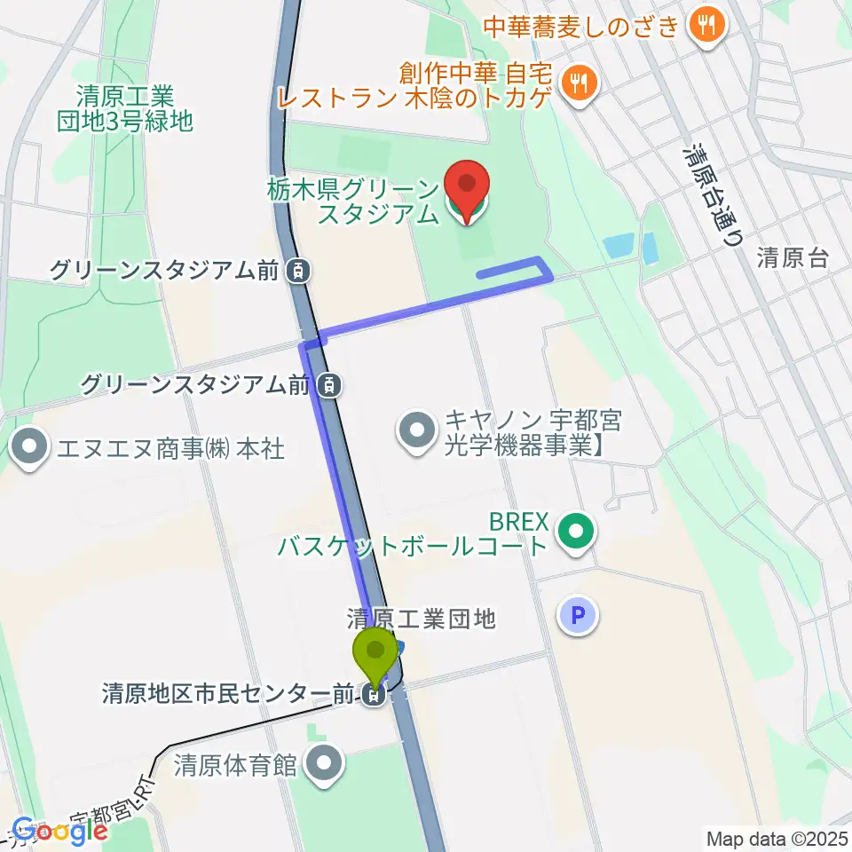 清原地区市民センター前駅からホンダヒート・グリーンスタジアムへのルートマップ地図
