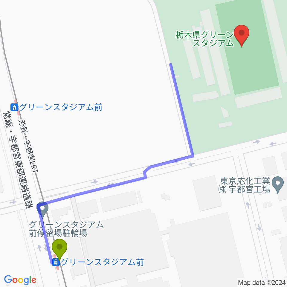 栃木県グリーンスタジアムの最寄駅グリーンスタジアム前駅からの徒歩ルート（約8分）地図