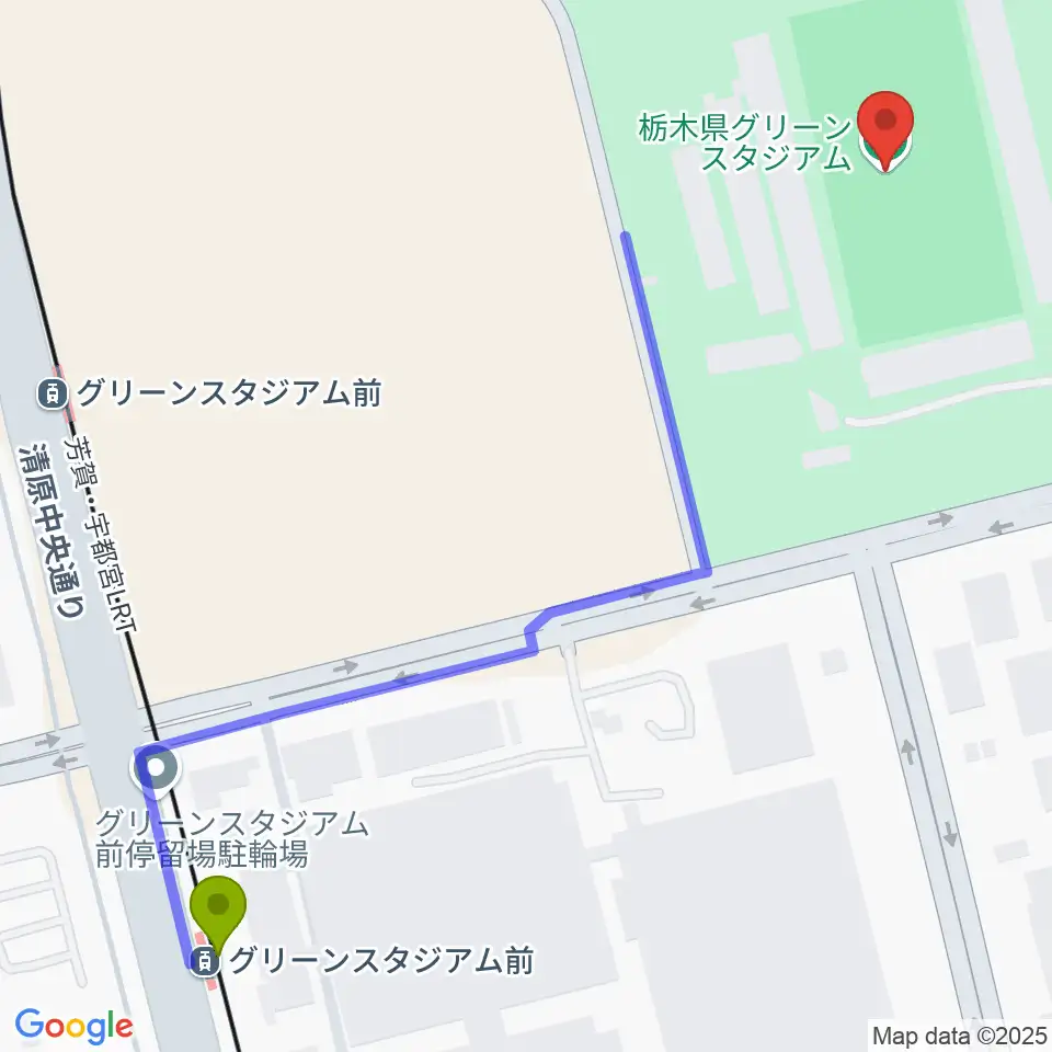 栃木県グリーンスタジアムの最寄駅グリーンスタジアム前駅からの徒歩ルート（約8分）地図