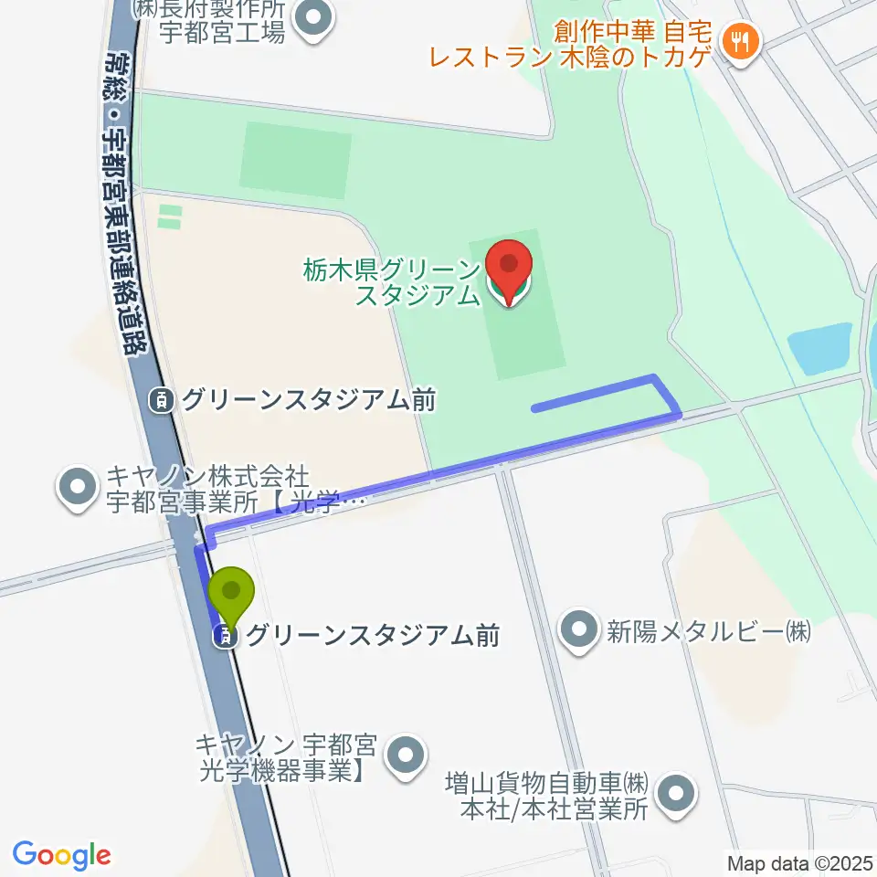 ホンダヒート・グリーンスタジアムの最寄駅グリーンスタジアム前駅からの徒歩ルート（約8分）地図