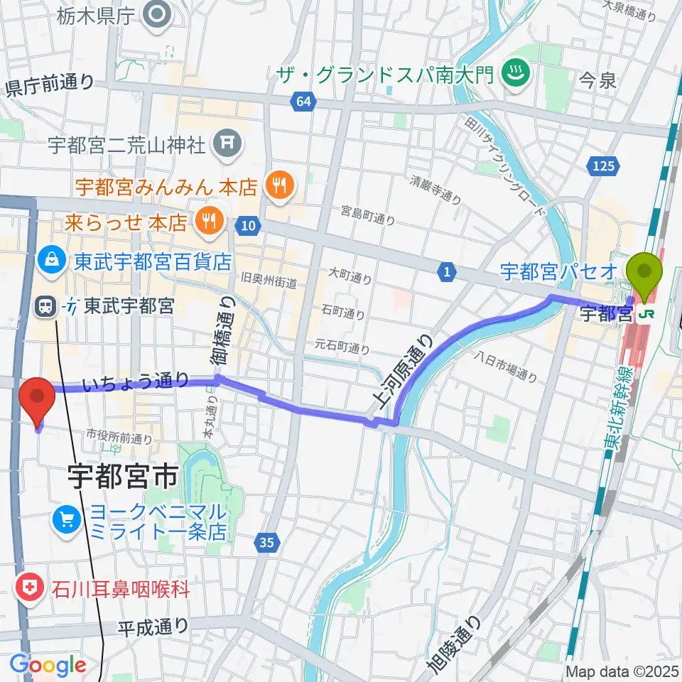 宇都宮駅からデラックスレコードへのルートマップ地図