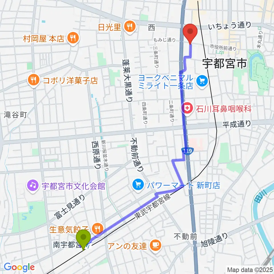 南宇都宮駅からデラックスレコードへのルートマップ地図