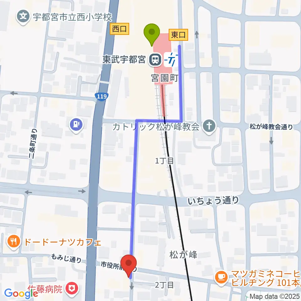 デラックスレコードの最寄駅東武宇都宮駅からの徒歩ルート（約6分）地図