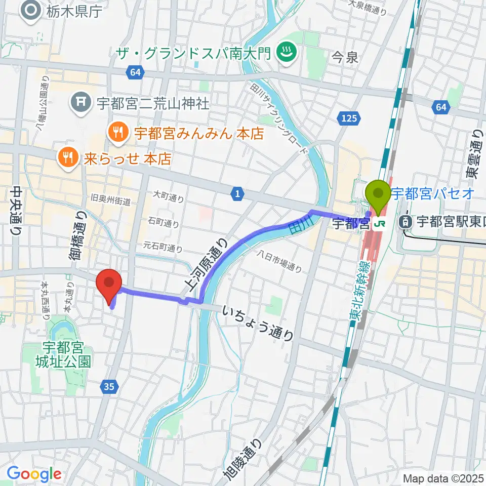 宇都宮駅からSOUND STUDIO KENTへのルートマップ地図