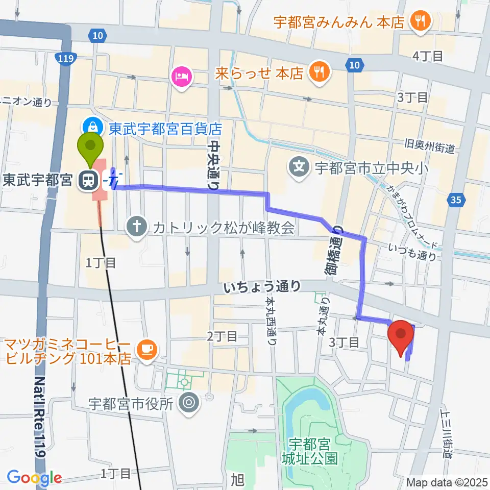 SOUND STUDIO KENTの最寄駅東武宇都宮駅からの徒歩ルート（約11分）地図