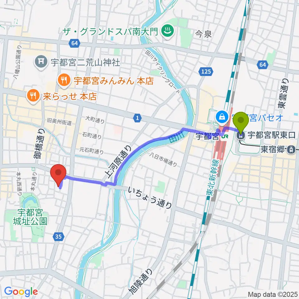 宇都宮駅東口駅からSOUND STUDIO KENTへのルートマップ地図