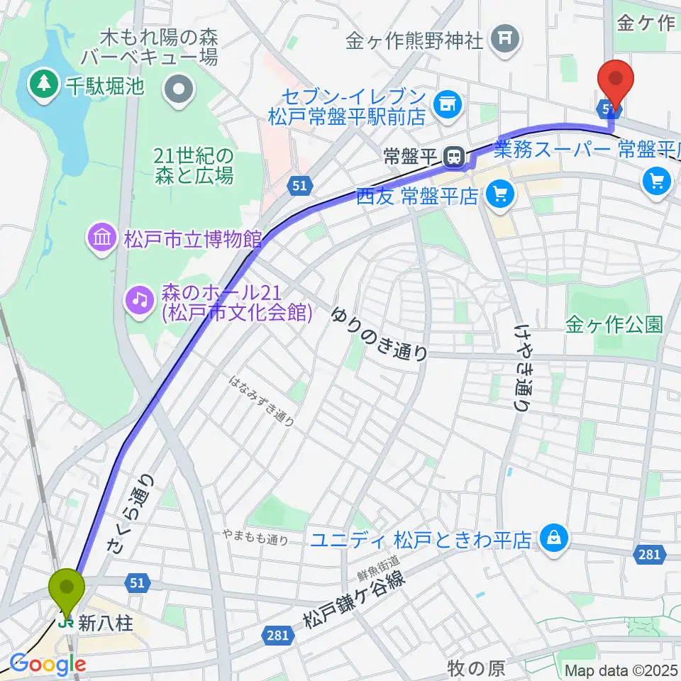新八柱駅からオハナホールへのルートマップ地図