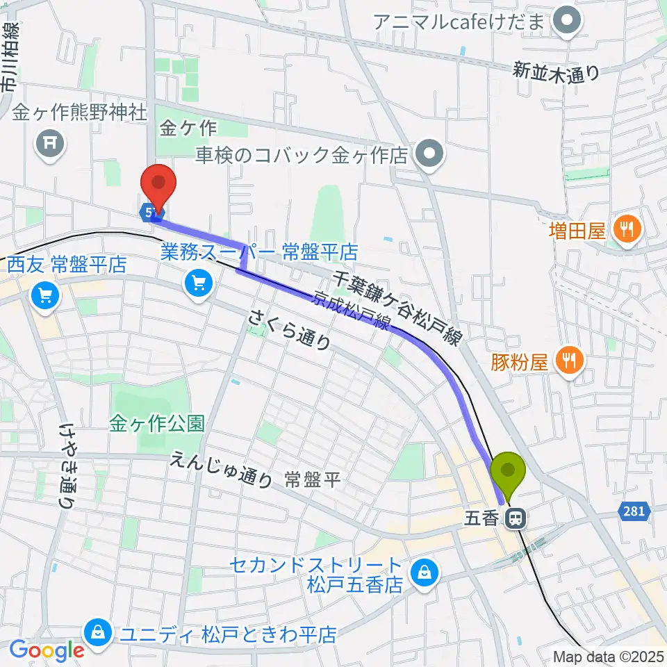 五香駅からオハナホールへのルートマップ地図