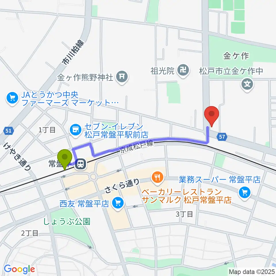 オハナホールの最寄駅常盤平駅からの徒歩ルート（約9分）地図