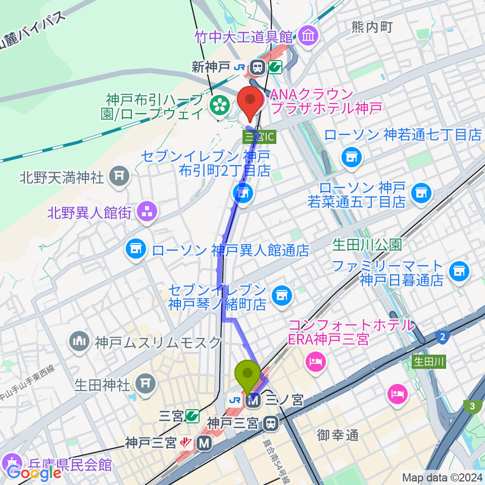 三ノ宮駅からアイア2.5シアター神戸へのルートマップ地図