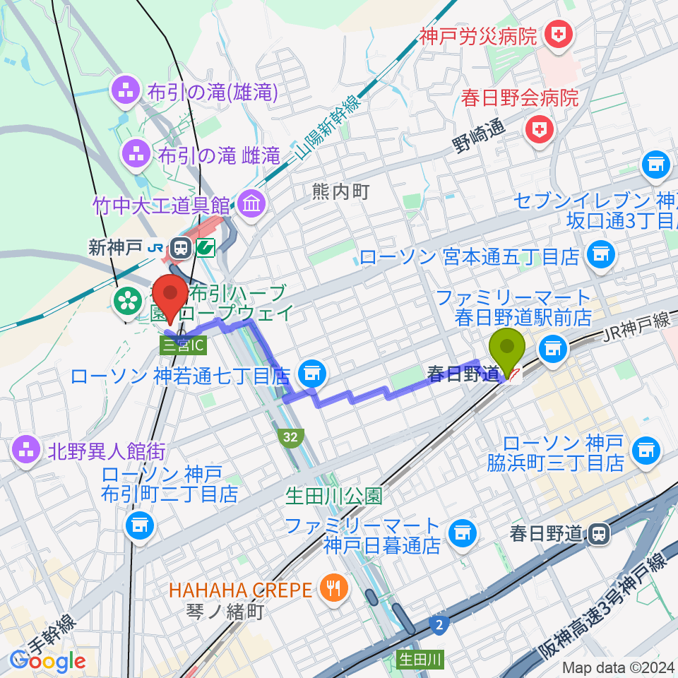 春日野道駅からアイア2.5シアター神戸へのルートマップ地図