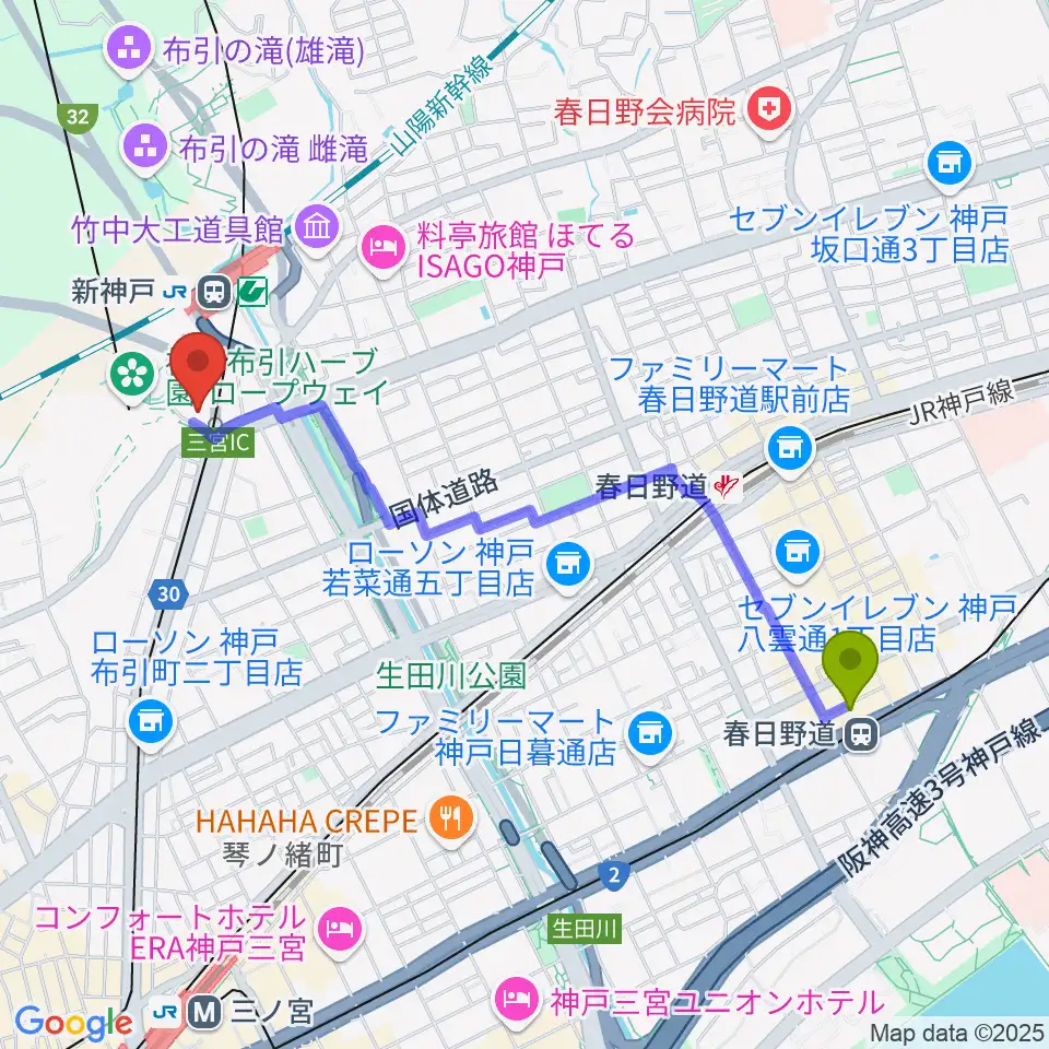 春日野道駅からアイア2.5シアター神戸へのルートマップ地図