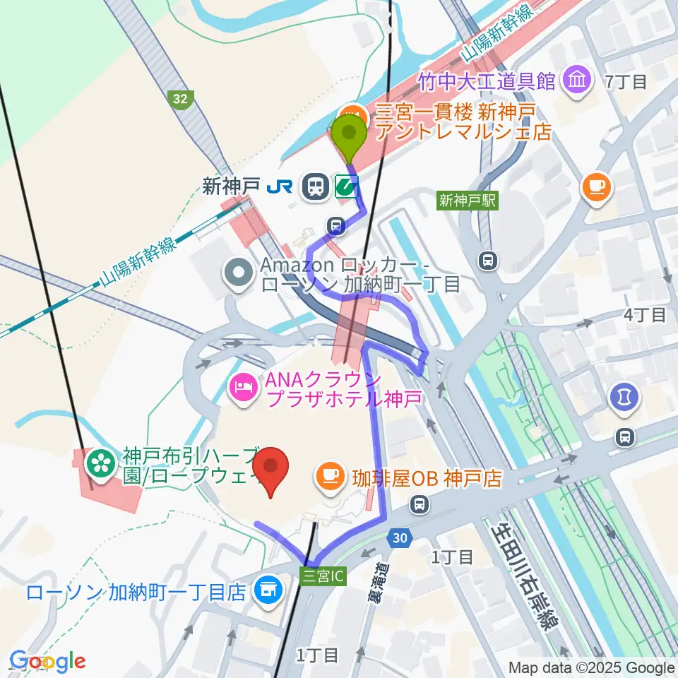 アイア2 5シアター神戸の最寄駅新神戸駅からの徒歩ルート 約4分 Mdata
