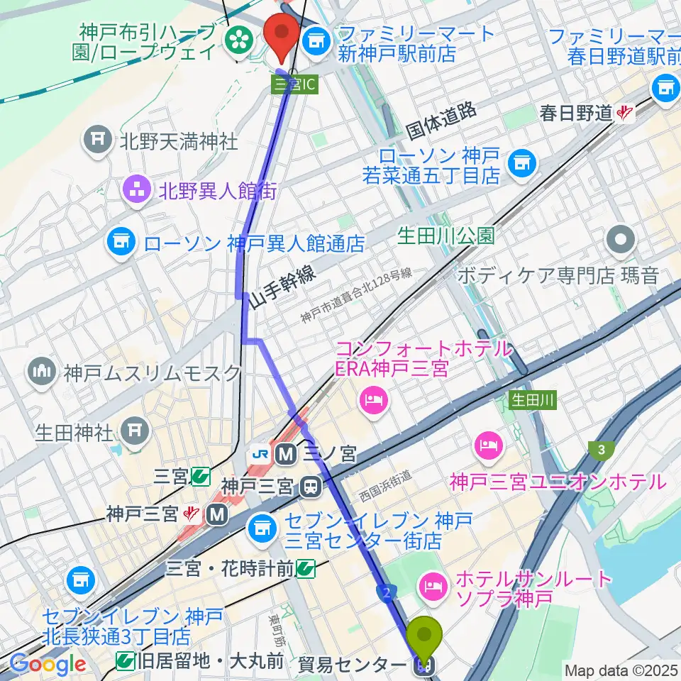 貿易センター駅からアイア2.5シアター神戸へのルートマップ地図