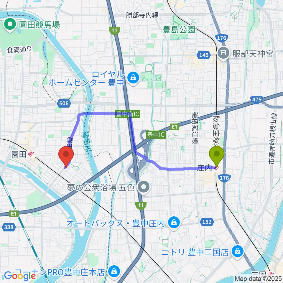 庄内駅からTUNE GUITAR MANIACへのルートマップ地図