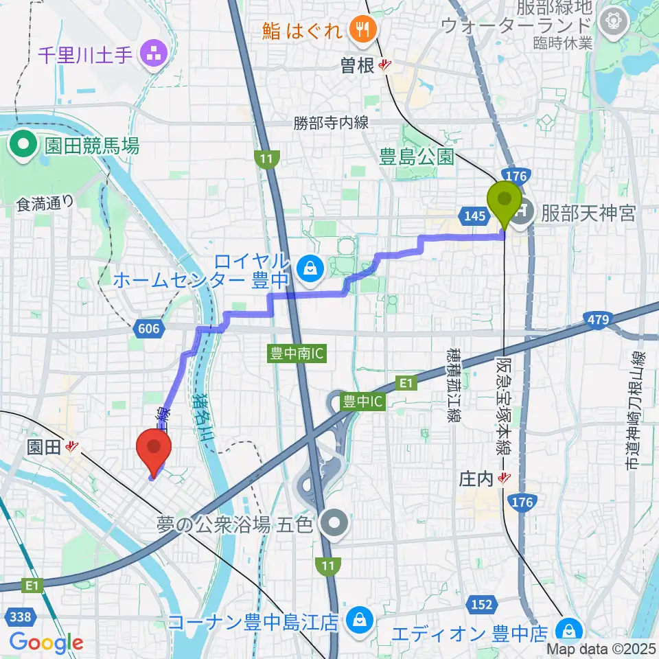 服部天神駅からTUNE GUITAR MANIACへのルートマップ地図