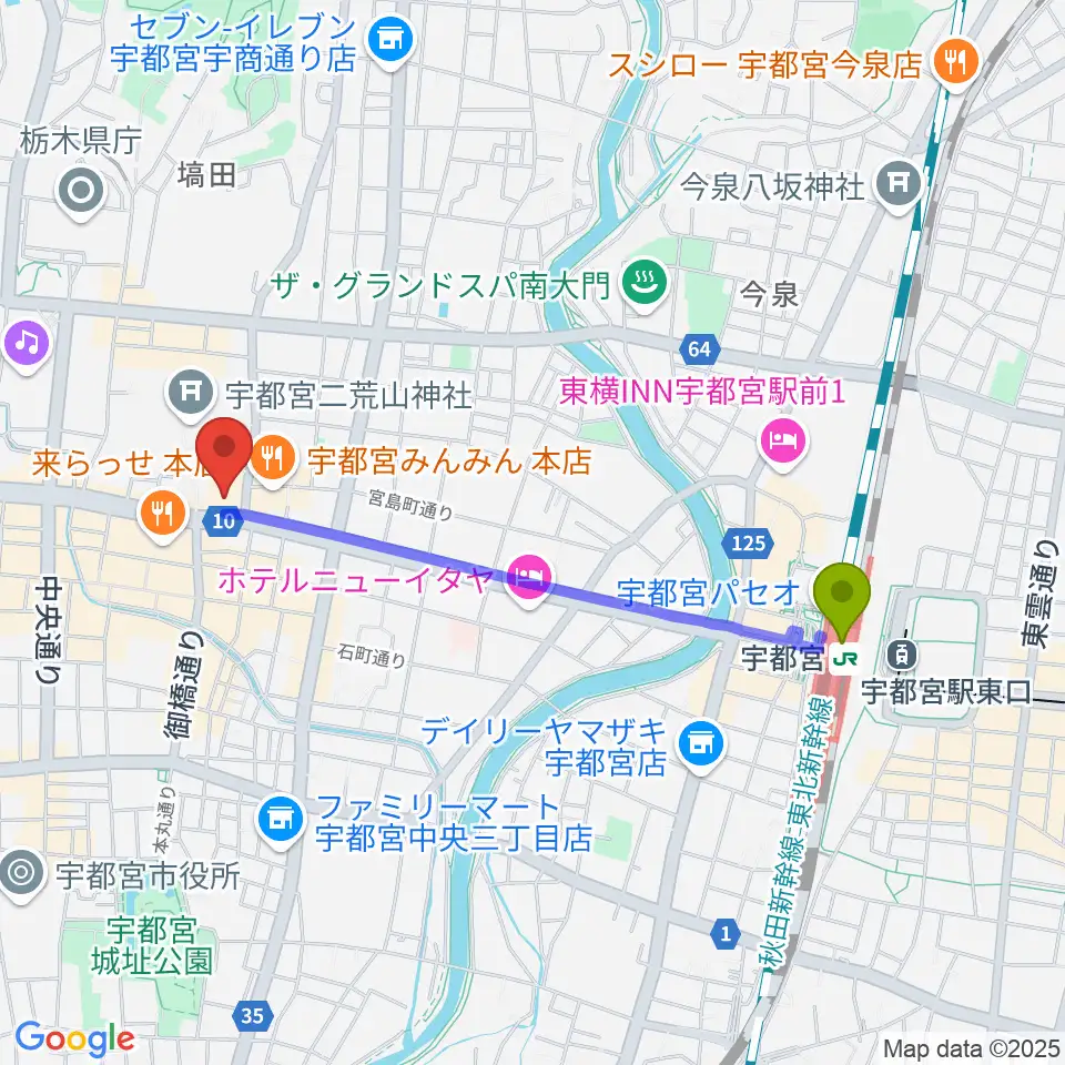 宇都宮駅から宇都宮市民プラザへのルートマップ地図