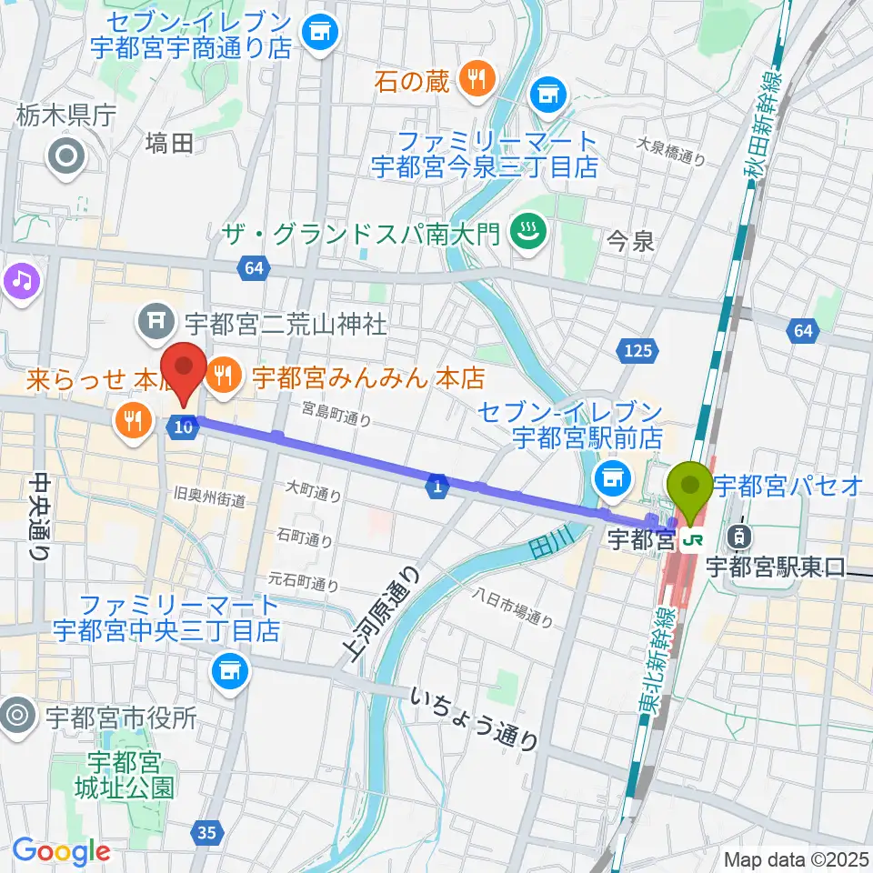 宇都宮駅から宇都宮市民プラザへのルートマップ地図