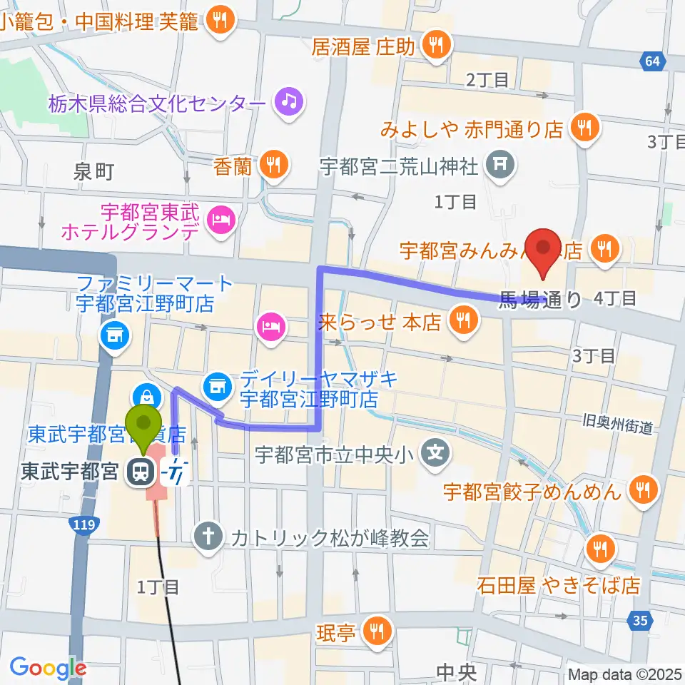 宇都宮市民プラザの最寄駅東武宇都宮駅からの徒歩ルート（約10分）地図