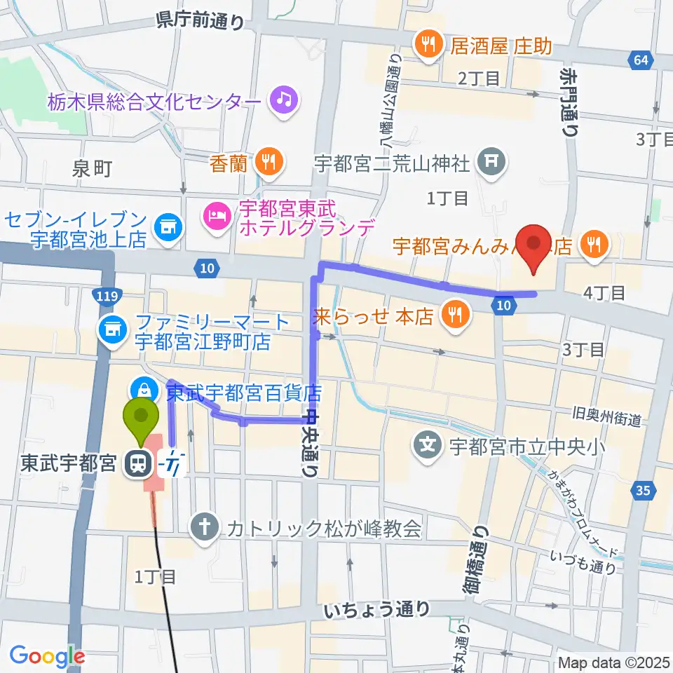 宇都宮市民プラザの最寄駅東武宇都宮駅からの徒歩ルート（約10分）地図