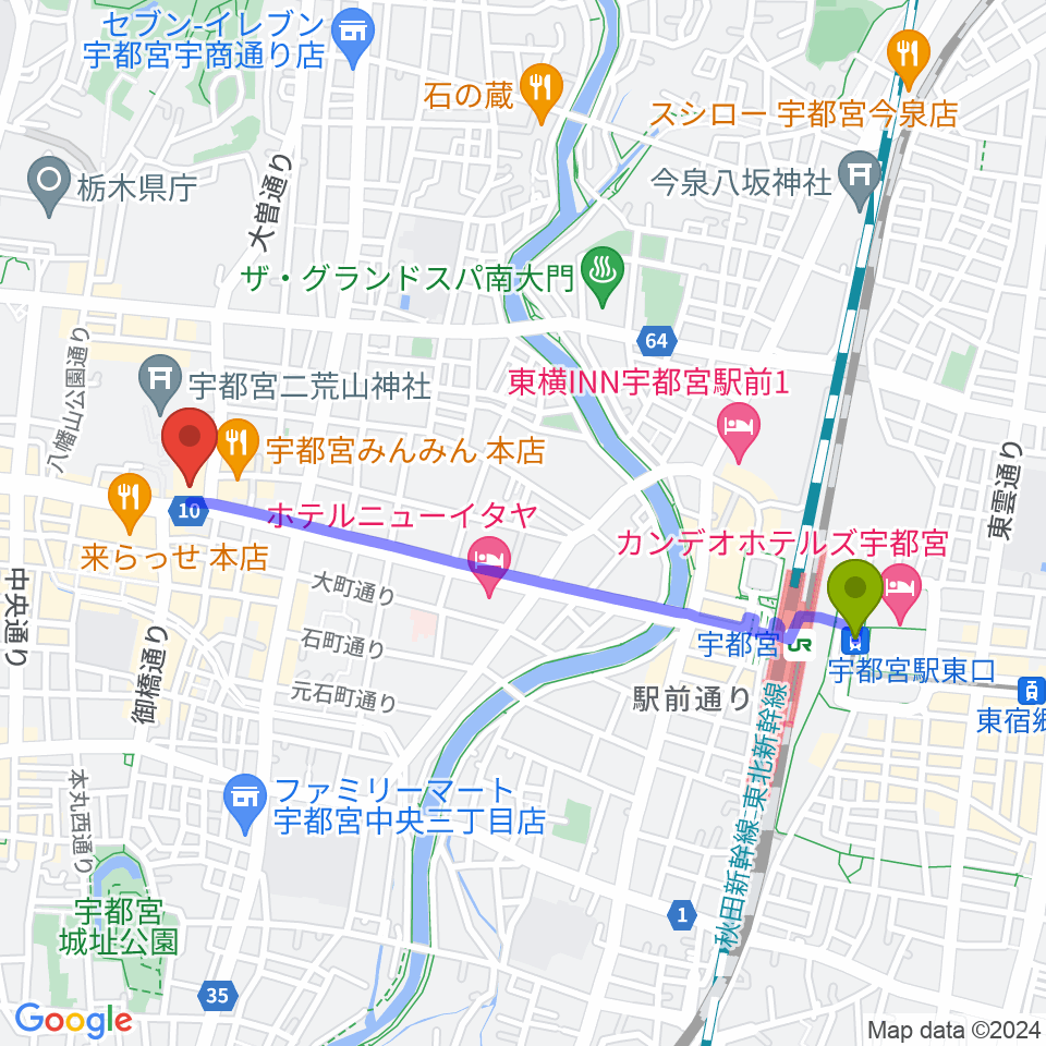 宇都宮駅東口駅から宇都宮市民プラザへのルートマップ地図