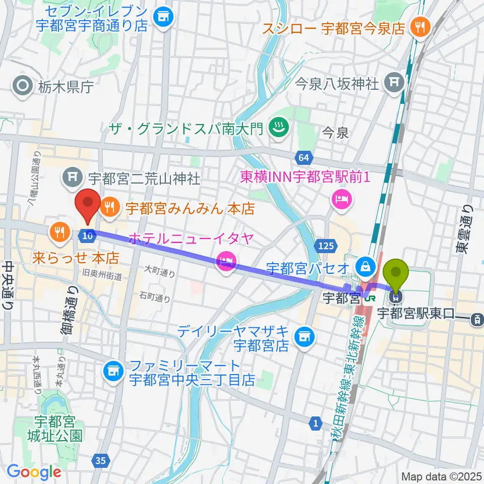 宇都宮駅東口駅から宇都宮市民プラザへのルートマップ地図