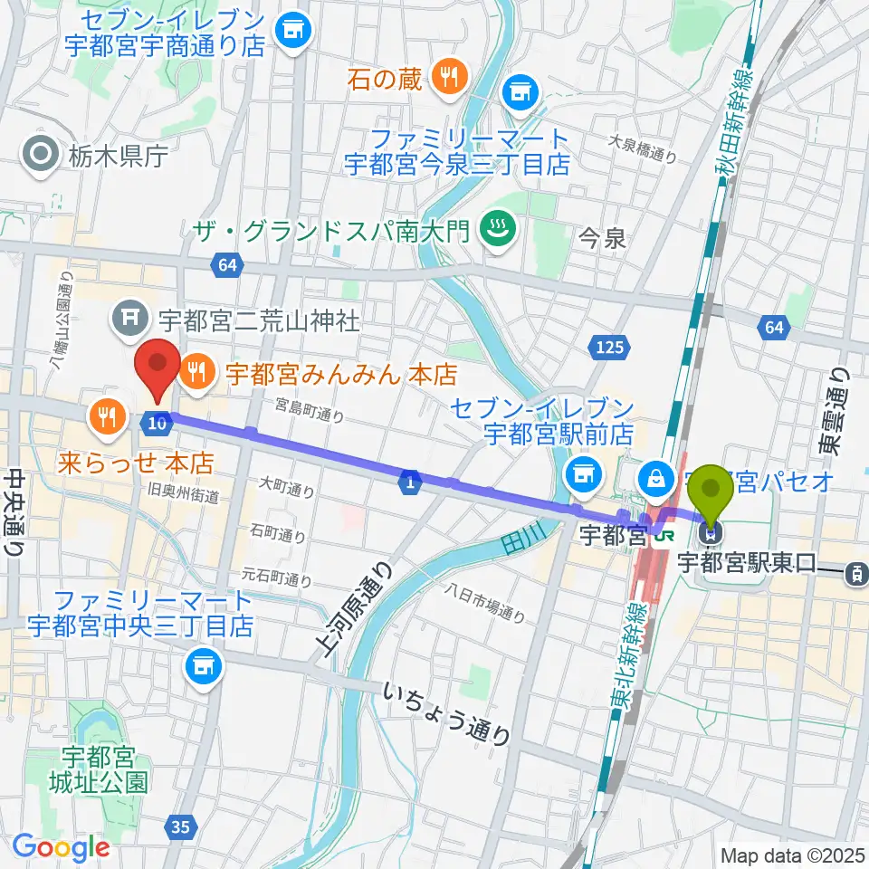 宇都宮駅東口駅から宇都宮市民プラザへのルートマップ地図