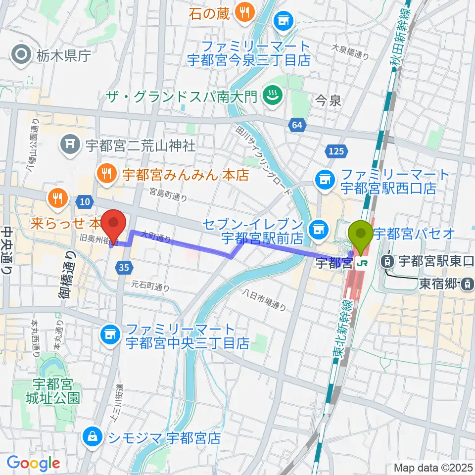 宇都宮駅からフォールーラーレコーズへのルートマップ地図