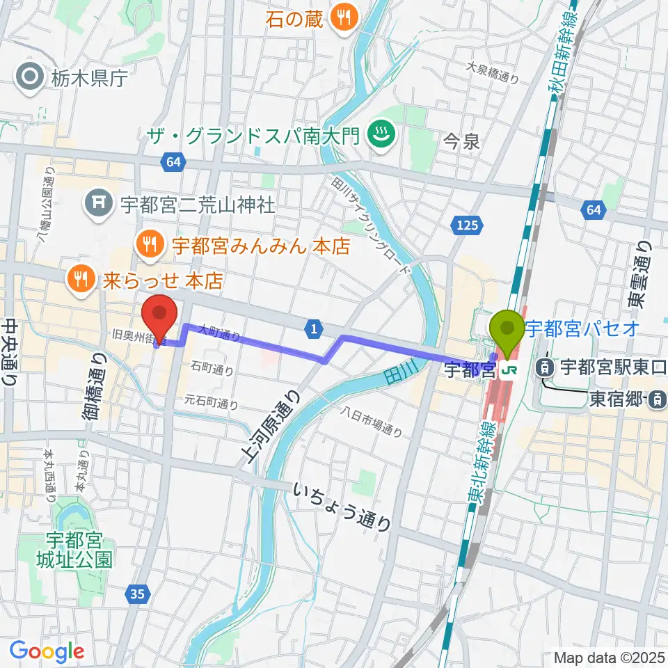 宇都宮駅からフォールーラーレコーズへのルートマップ地図