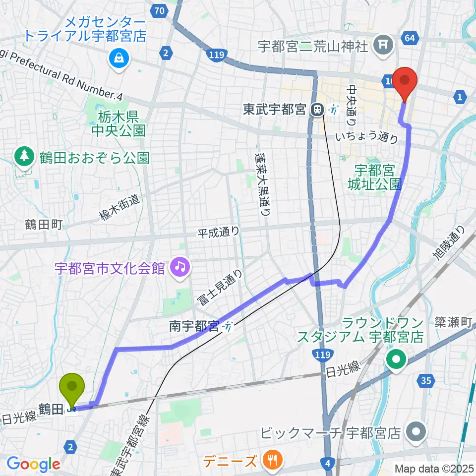 鶴田駅からフォールーラーレコーズへのルートマップ地図