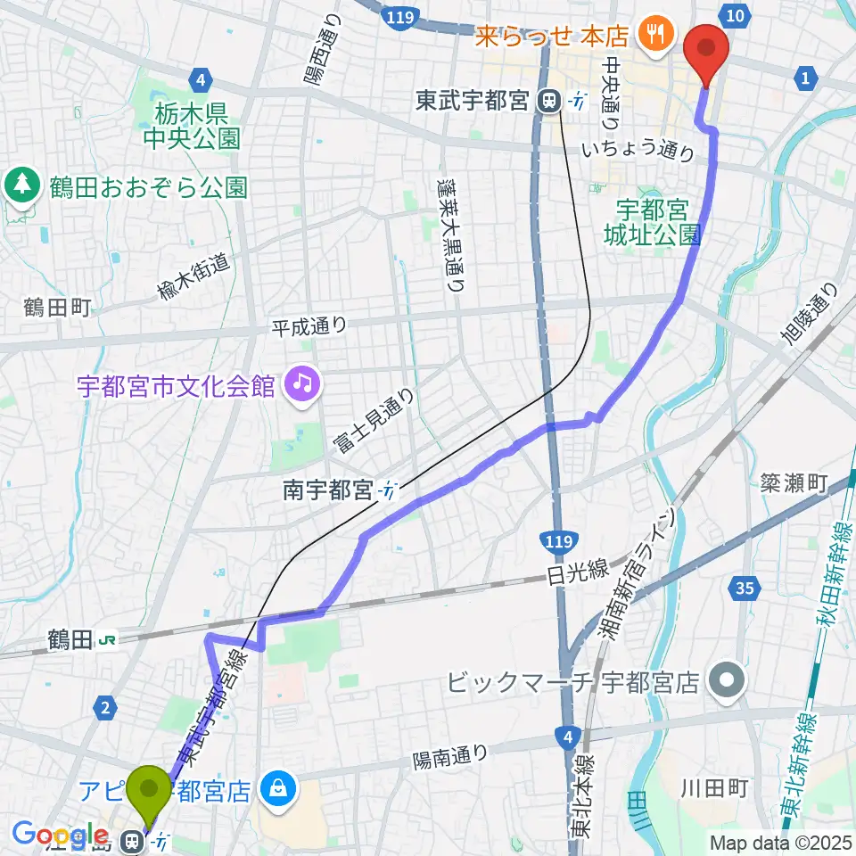 江曽島駅からフォールーラーレコーズへのルートマップ地図
