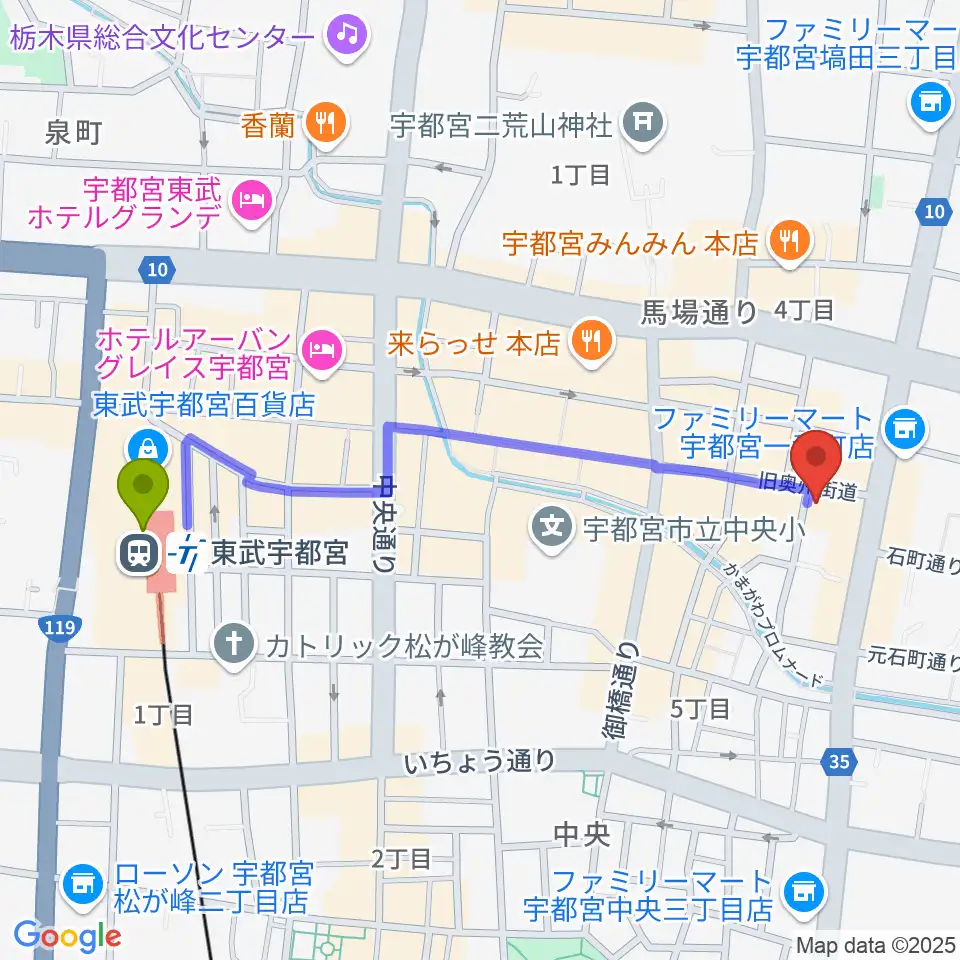 フォールーラーレコーズの最寄駅東武宇都宮駅からの徒歩ルート（約11分）地図