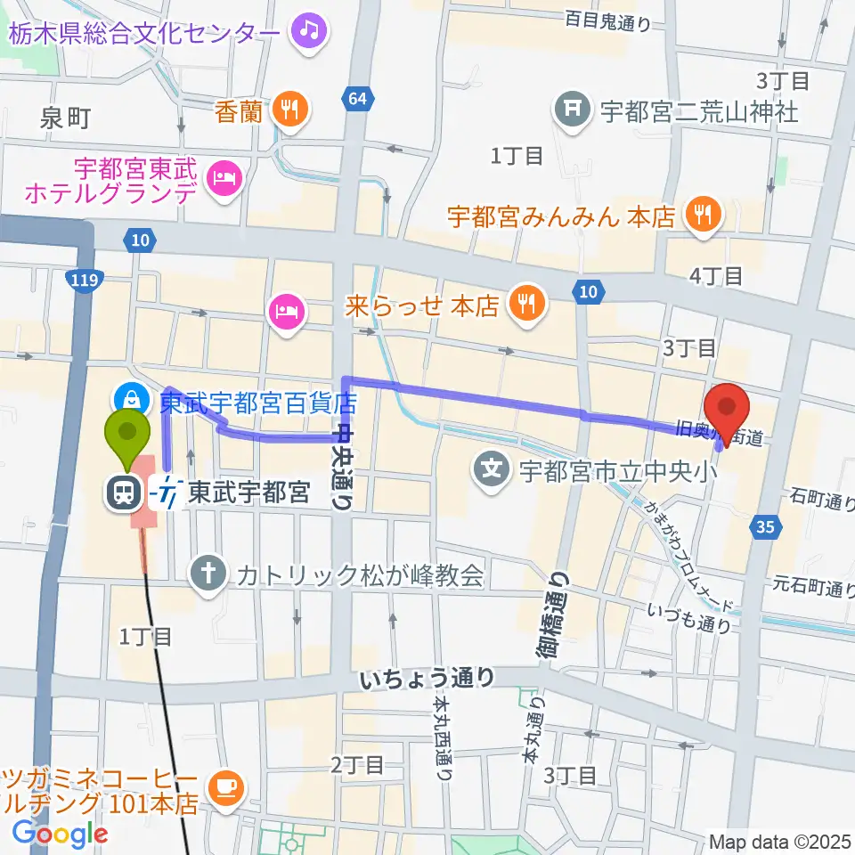 フォールーラーレコーズの最寄駅東武宇都宮駅からの徒歩ルート（約11分）地図