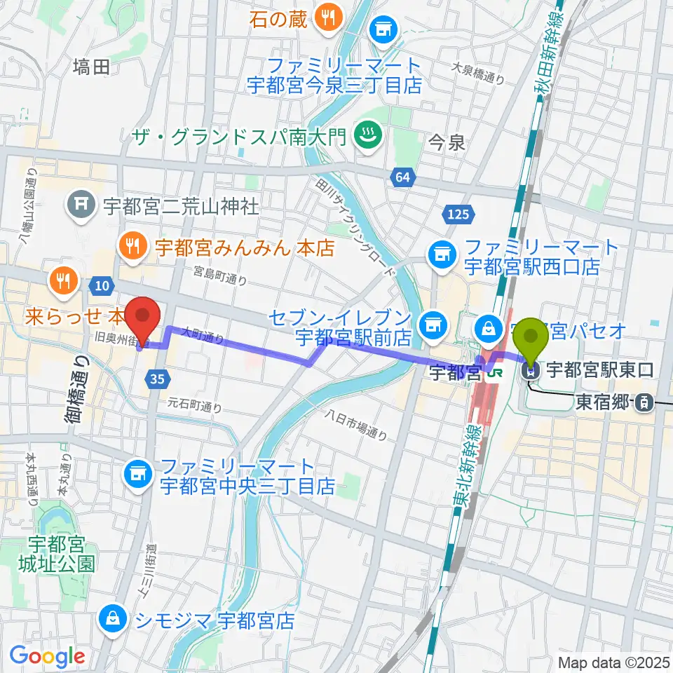 宇都宮駅東口駅からフォールーラーレコーズへのルートマップ地図