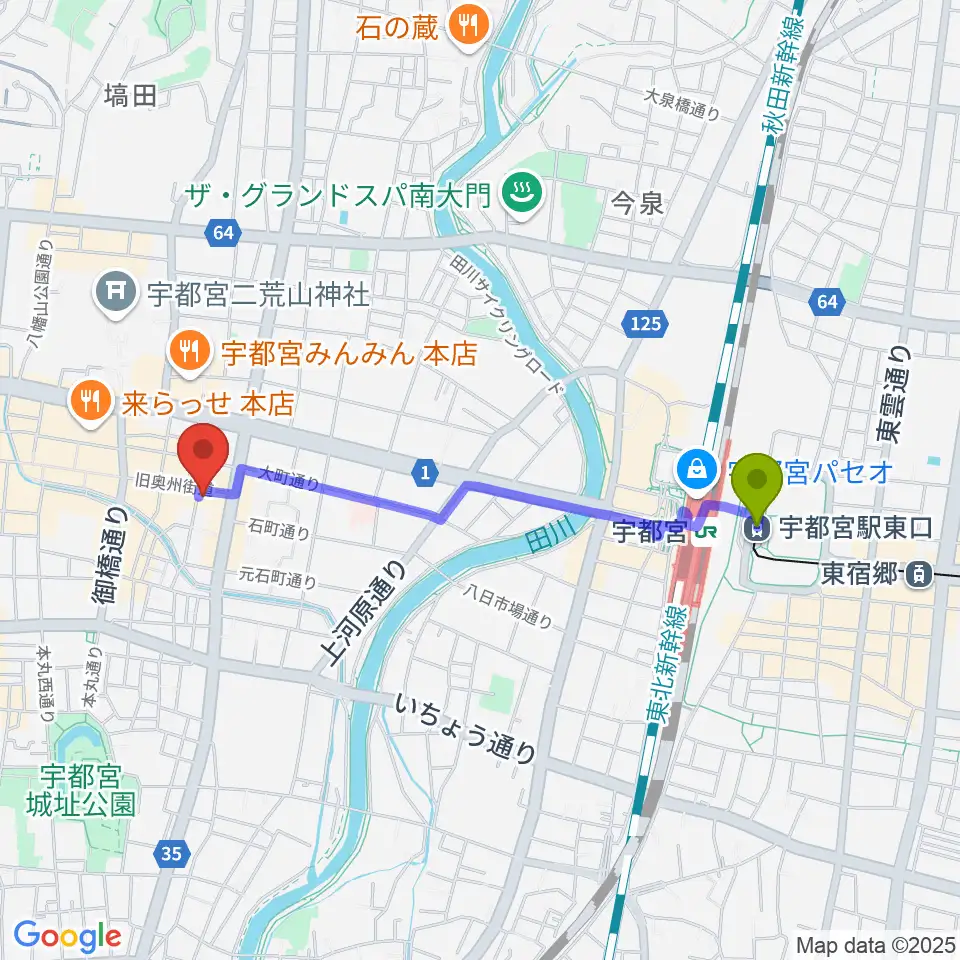 宇都宮駅東口駅からフォールーラーレコーズへのルートマップ地図